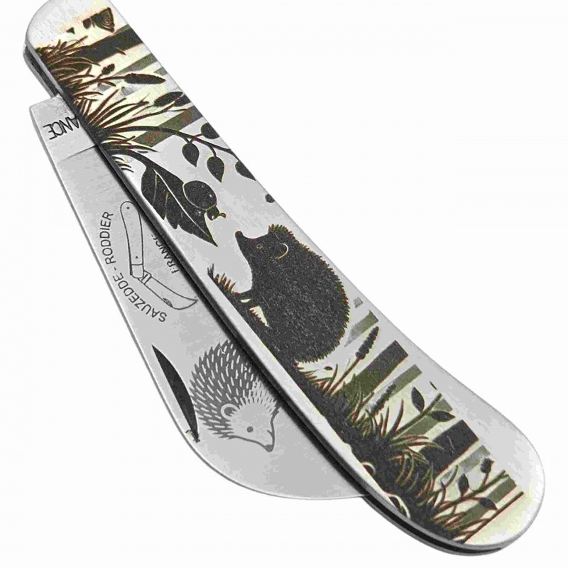 Couteau serpette manche inox gravure herisson 18cm