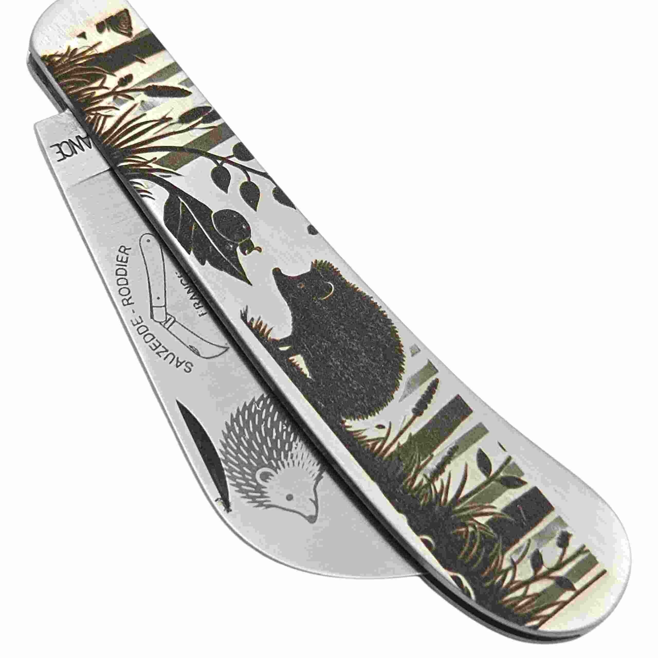 Couteau serpette manche inox gravure herisson 18cm