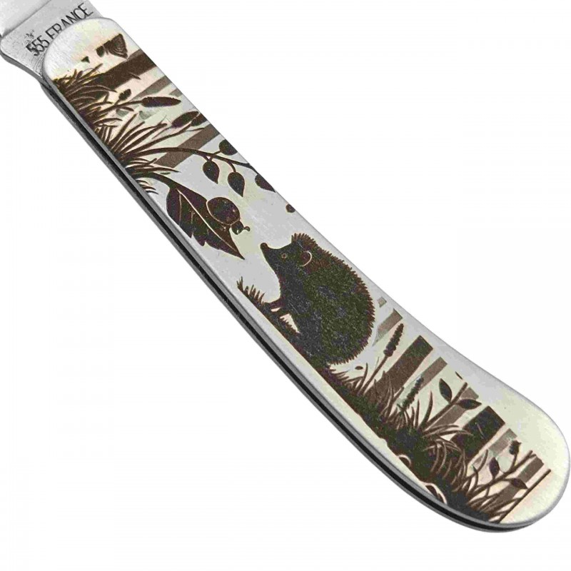 Couteau serpette manche inox gravure herisson 18cm