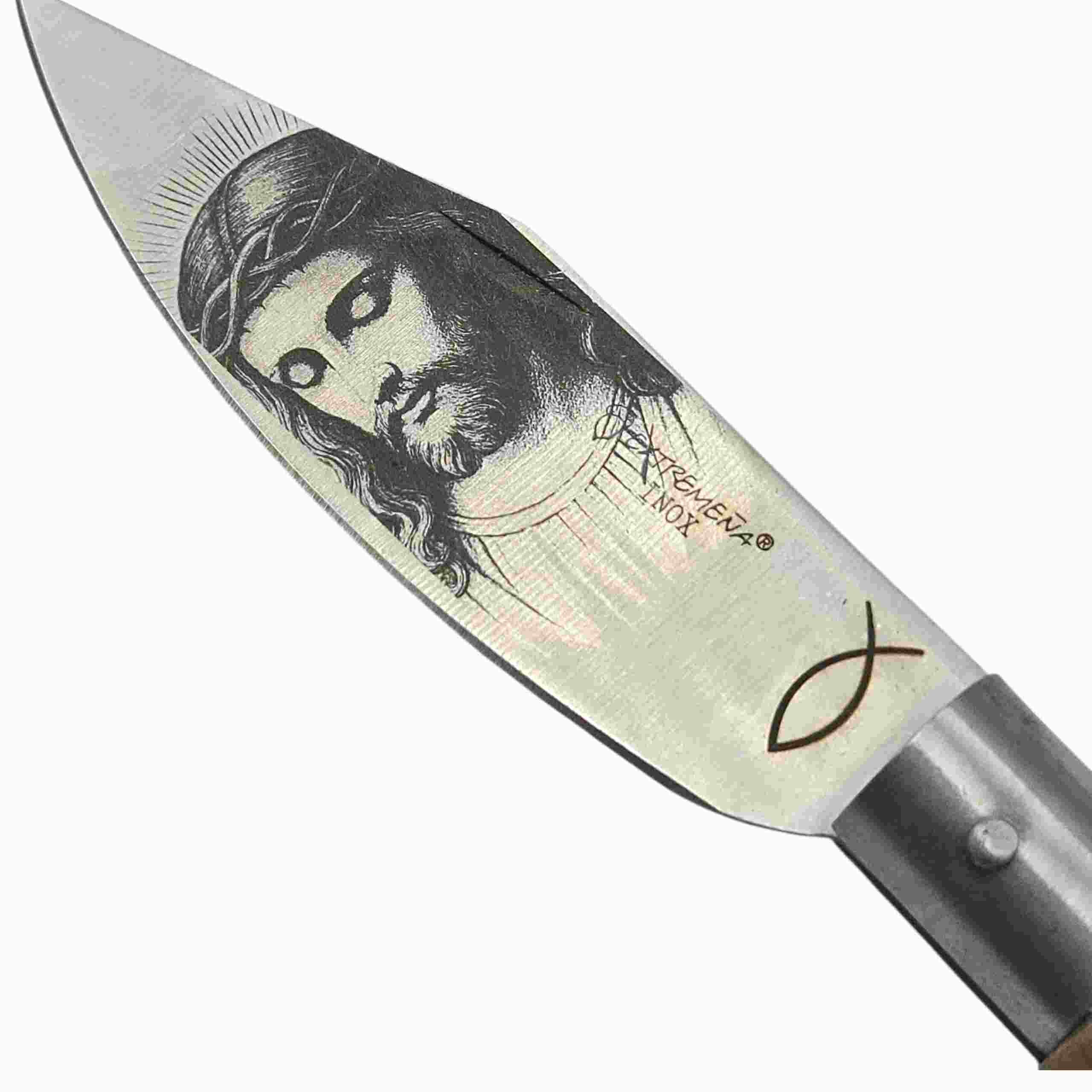 Couteau rustique 22cm gravure tête Christ clous passion