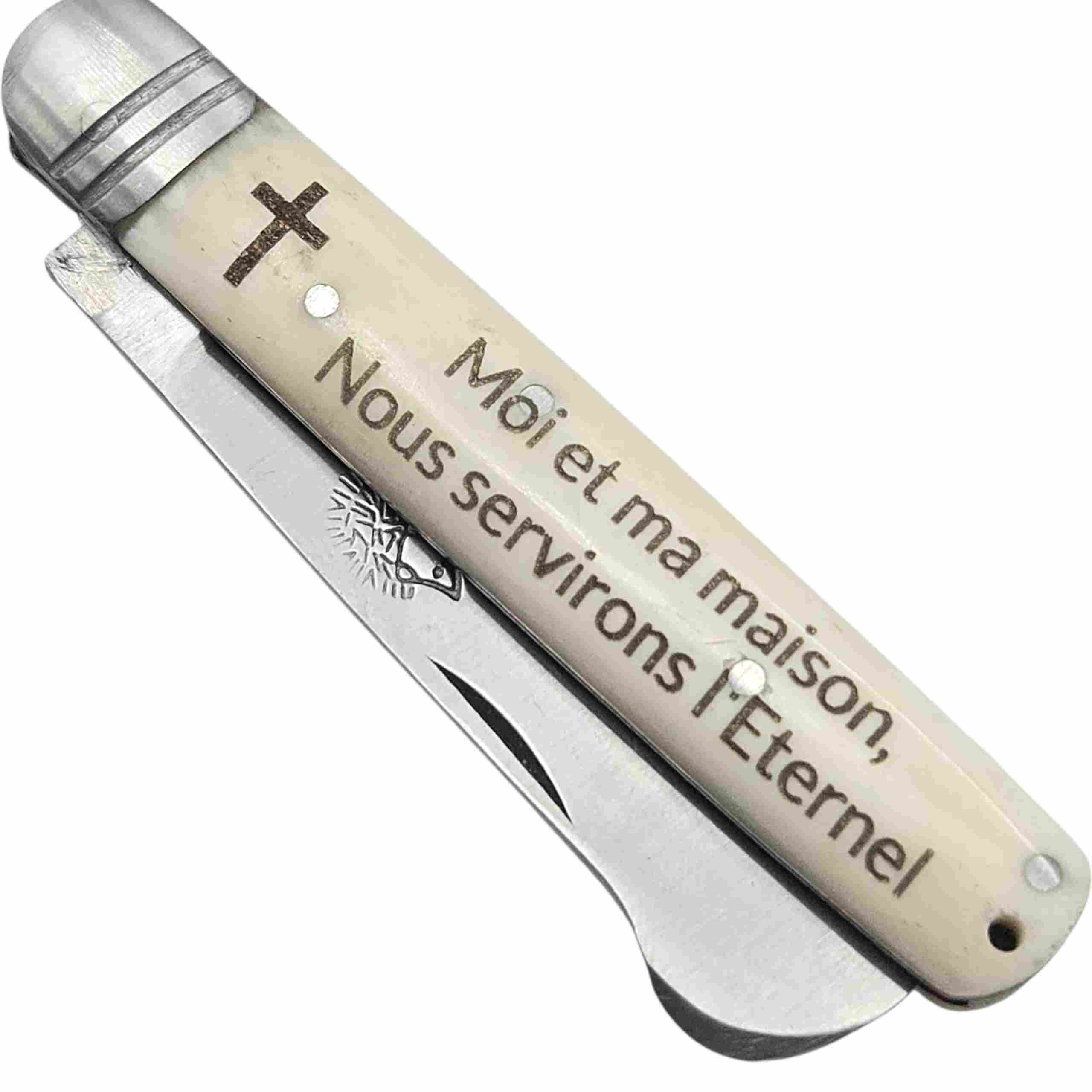 Couteau greffoir le niglo os gravé evangeliste