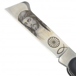 Couteau greffoir noir gravure tête Christ poisson