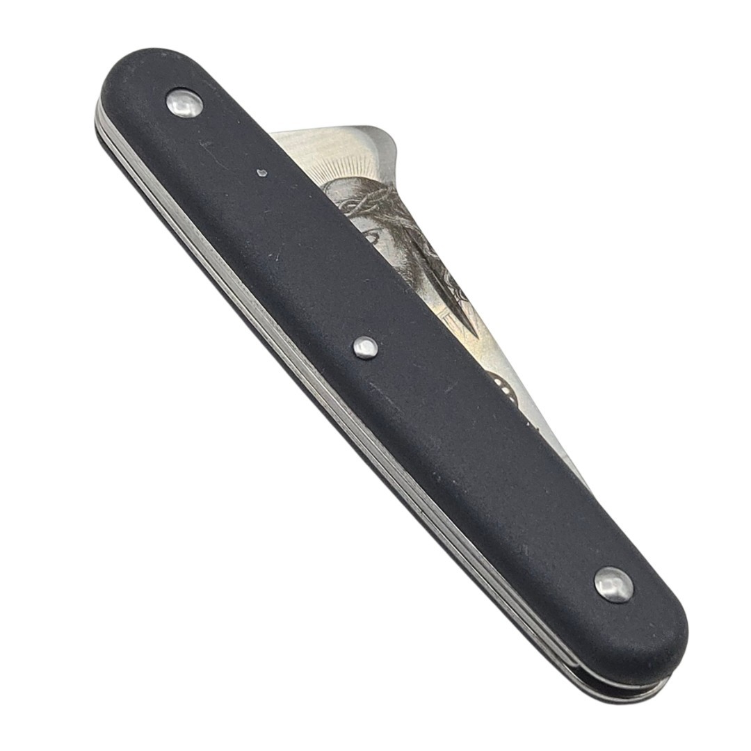 Couteau greffoir noir gravure tête Christ poisson