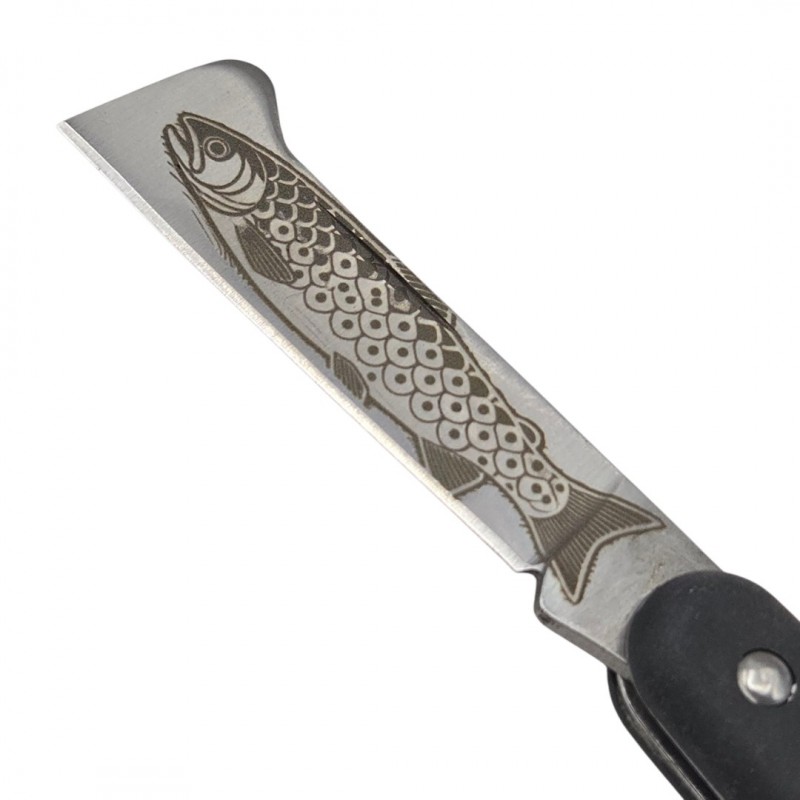 Couteau greffoir noir gravure truite fario 16.5cm