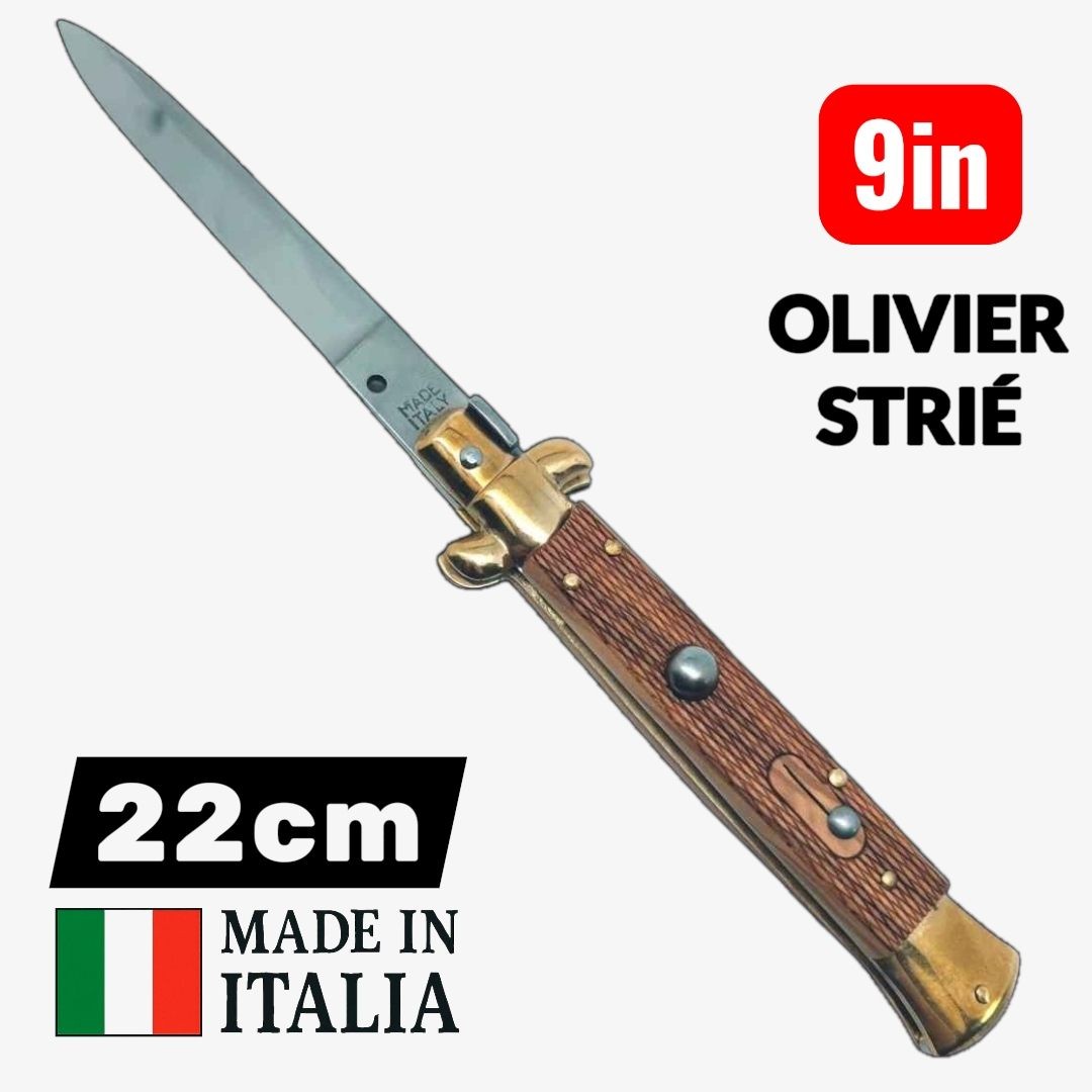 Couteau automatique italien cran d’arrêt bois olivier strié 22 cm