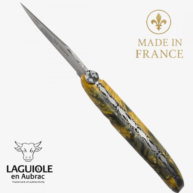 Couteau Laguiole en Aubrac - Collection Cosmos- La Terre - Loupe sureau jaune