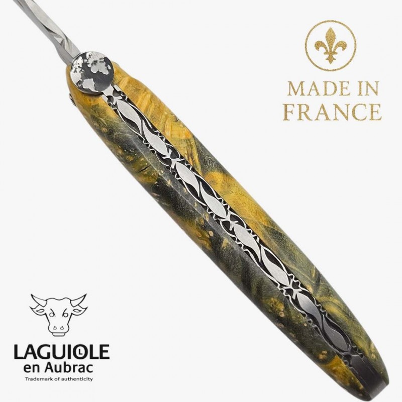 Couteau Laguiole en Aubrac - Collection Cosmos- La Terre - Loupe sureau jaune