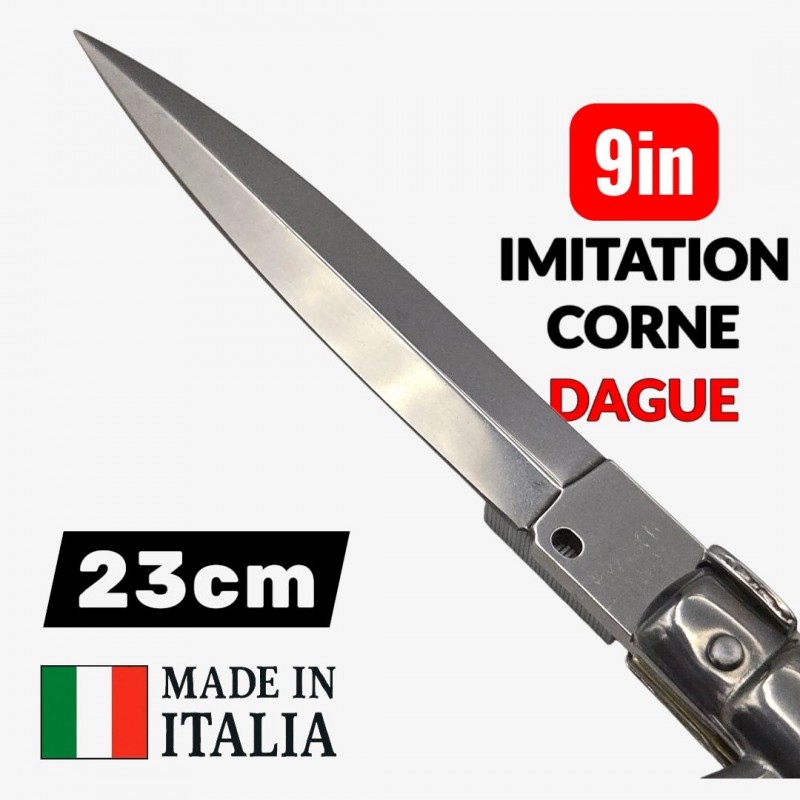 Couteau Cran d arrêt stiletto Beltrame dague noire imitation corne 23cm