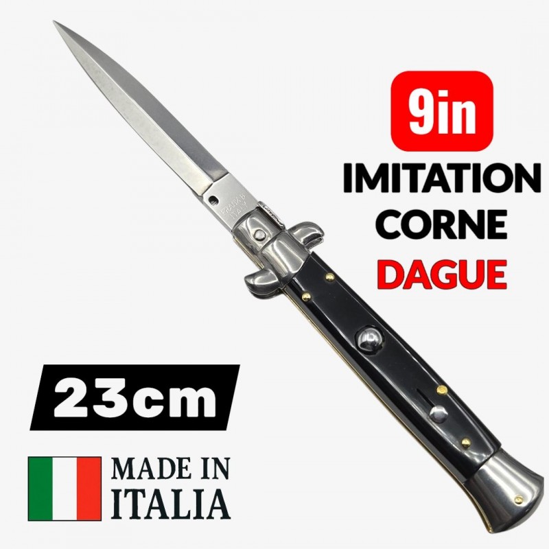 Couteau Cran d arrêt stiletto Beltrame dague noire imitation corne 23cm