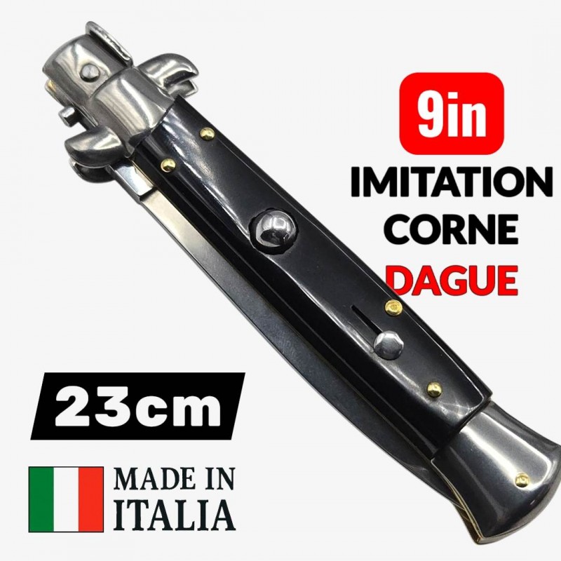 Couteau Cran d arrêt stiletto Beltrame dague noire imitation corne 23cm