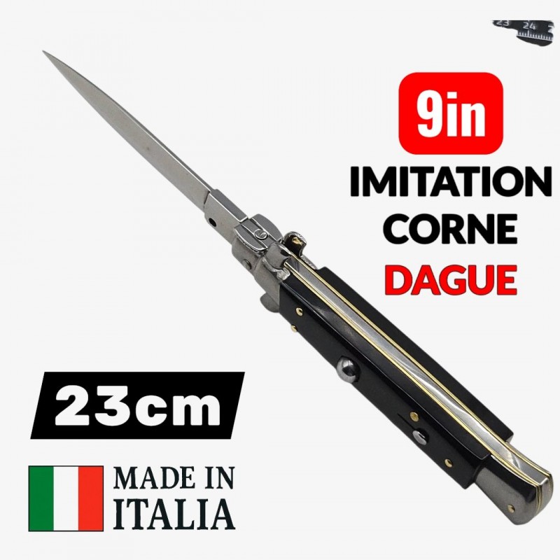 Couteau Cran d arrêt stiletto Beltrame dague noire imitation corne 23cm
