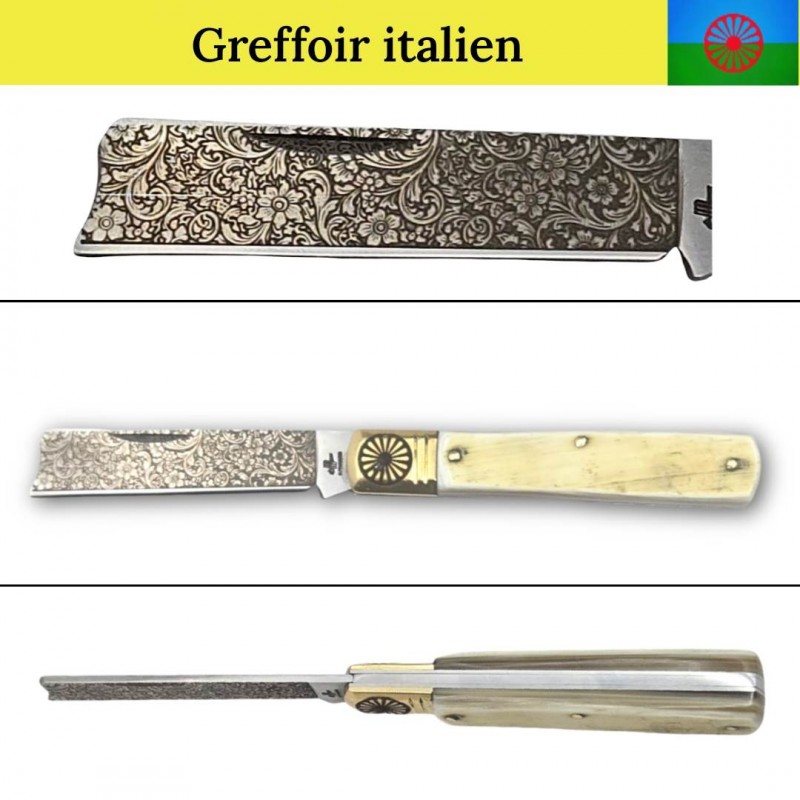 Couteau Fraraccio greffoir 15cm corne mitre gravure roue  + fleurs