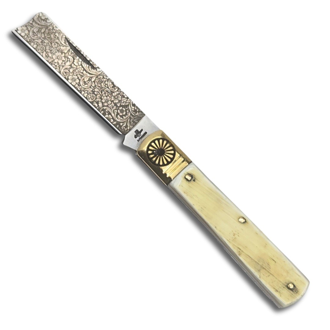 Couteau Fraraccio greffoir 15cm corne mitre gravure roue  + fleurs