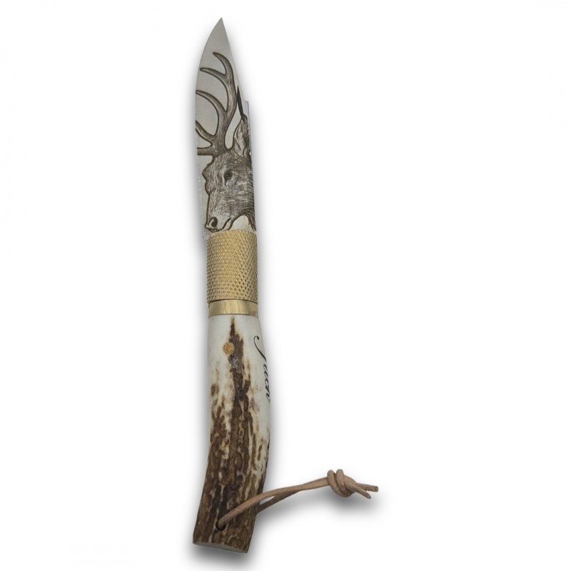 Couteau Jose Da Cruz bois de cerf gravure cerf chien chasse