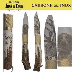 Couteau Jose Da Cruz bois de cerf gravure cerf chien chasse