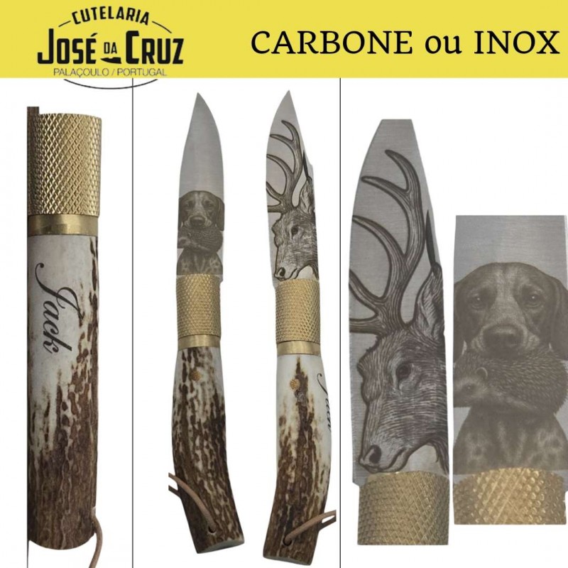 Couteau Jose Da Cruz bois de cerf gravure cerf chien chasse