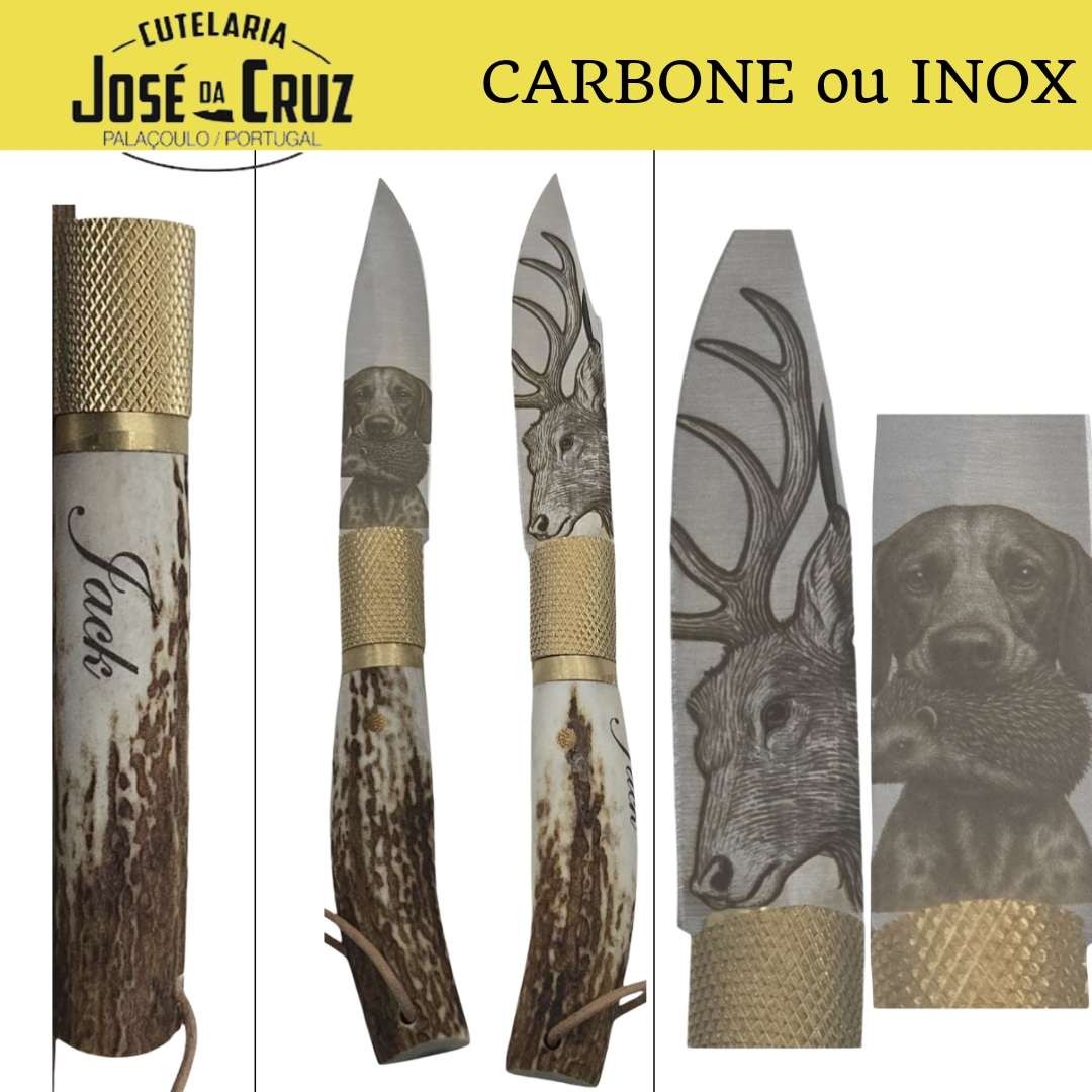 Couteau Jose Da Cruz bois de cerf gravure cerf chien chasse