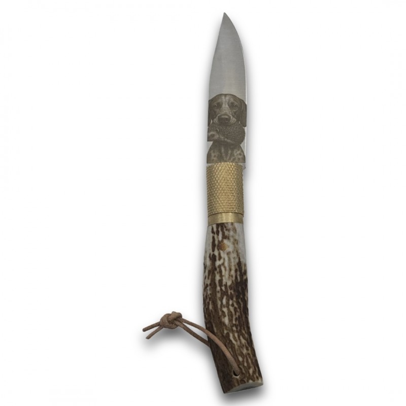 Couteau Jose Da Cruz bois de cerf gravure cerf chien chasse