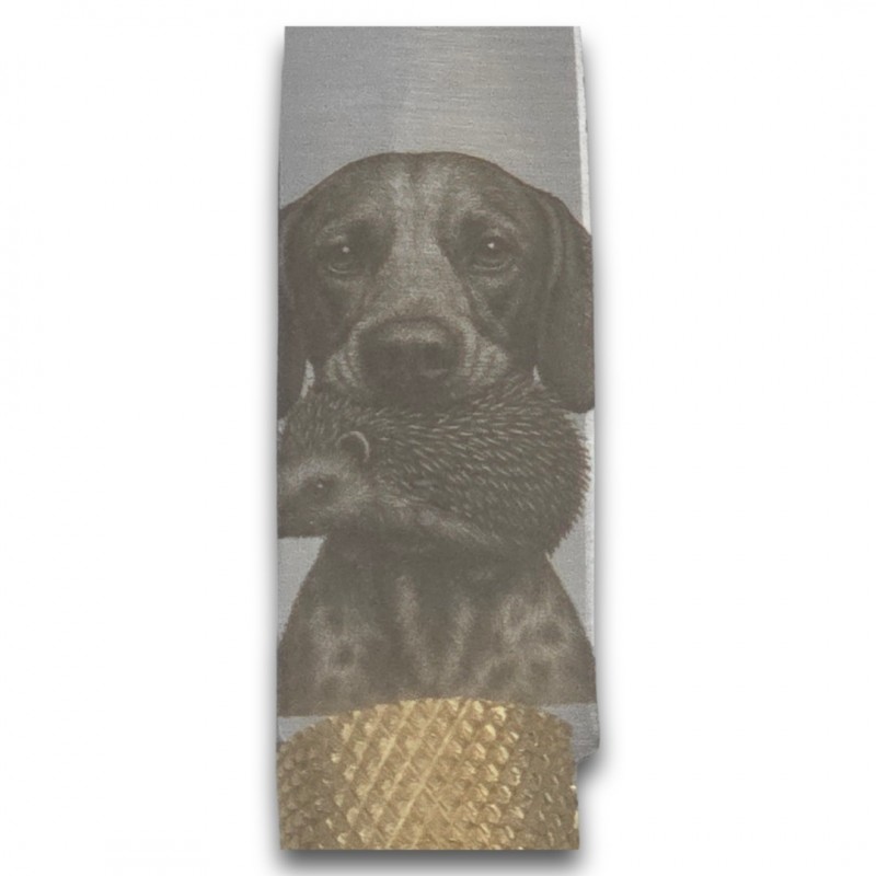 Couteau Jose Da Cruz bois de cerf gravure cerf chien chasse