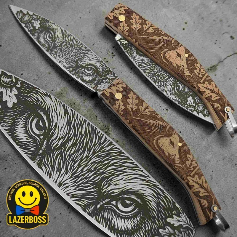 Couteau de Berger 22 cm Manche Bois - Gravure Sanglier - LazerBoss