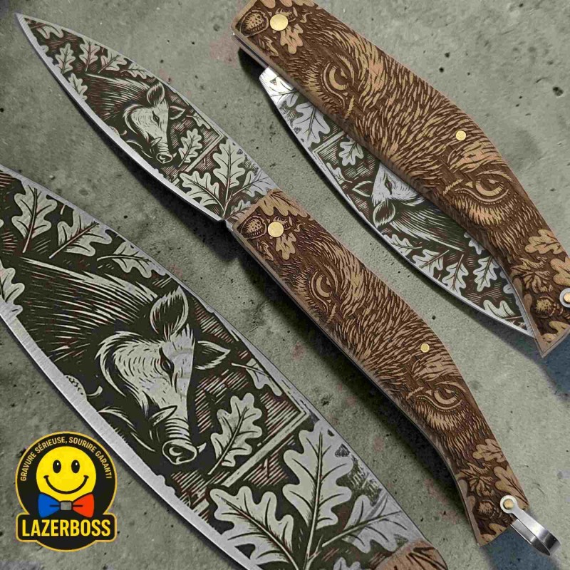 Couteau de Berger 22 cm Manche Bois - Gravure Sanglier - LazerBoss