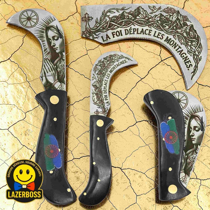 Serpette Voyageur "La foi deplace les montagnes" - Manche noir & Drapeau Couleur