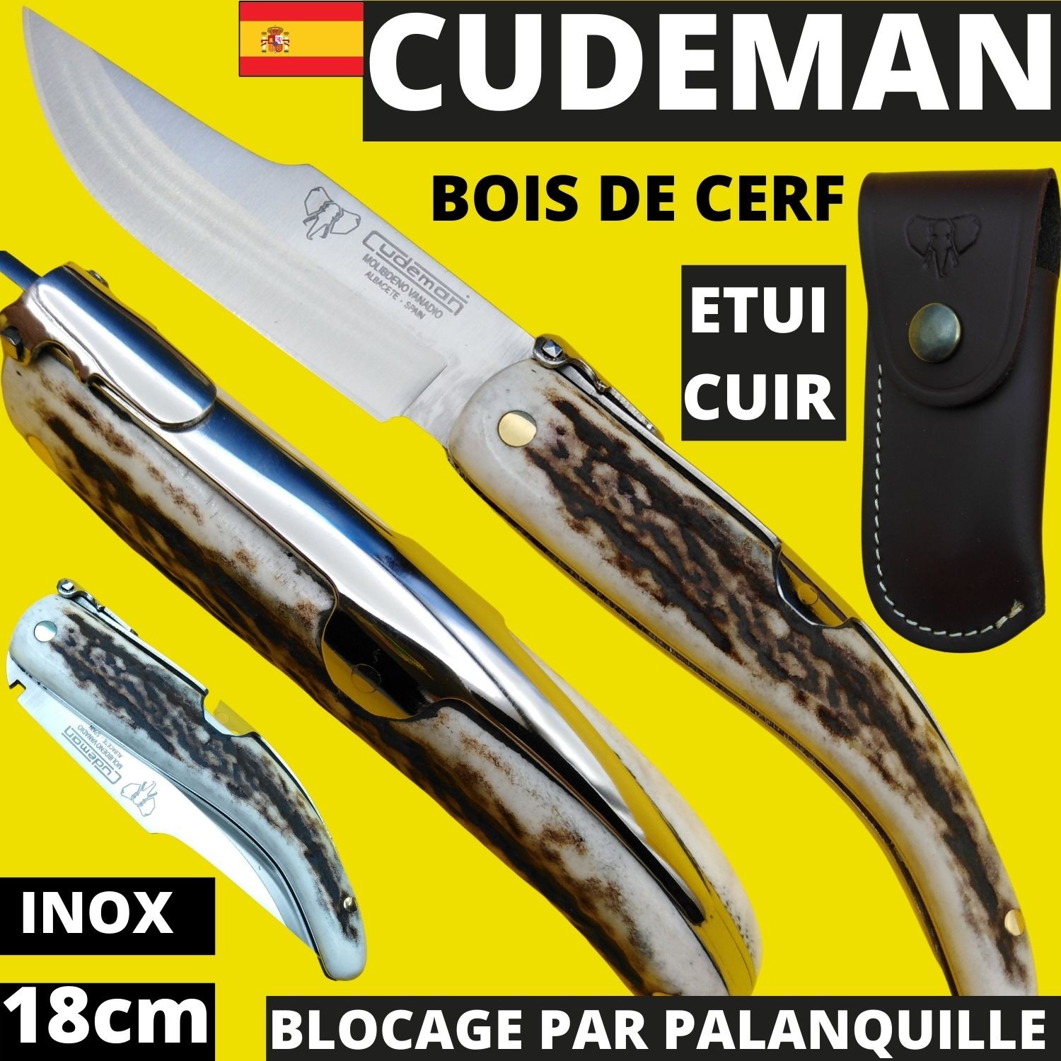 Couteau pliant Cudeman en bois de cerf avec palanquille