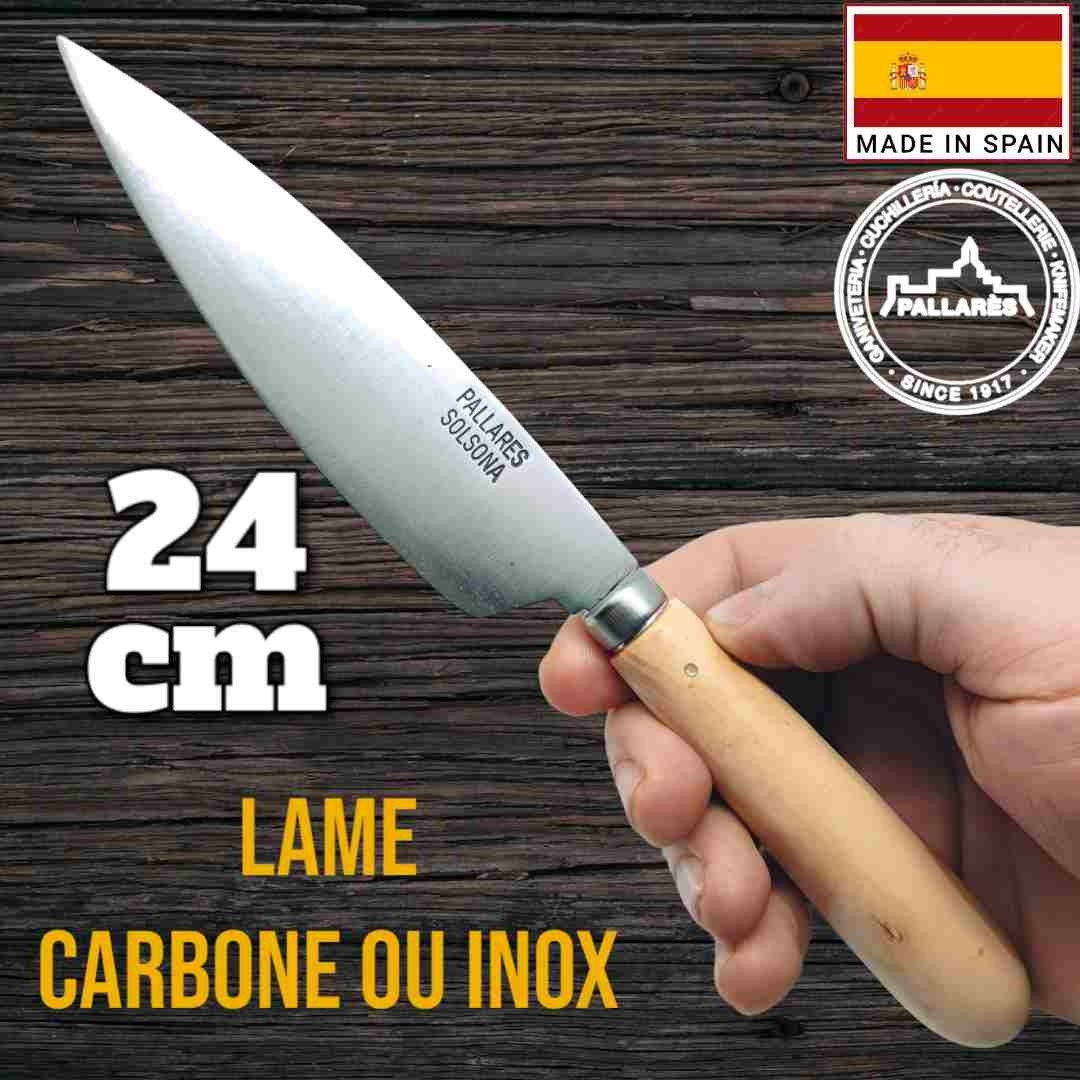 Couteau cuisine Pallares en buis tourné lame inox ou carbone 24 cm
