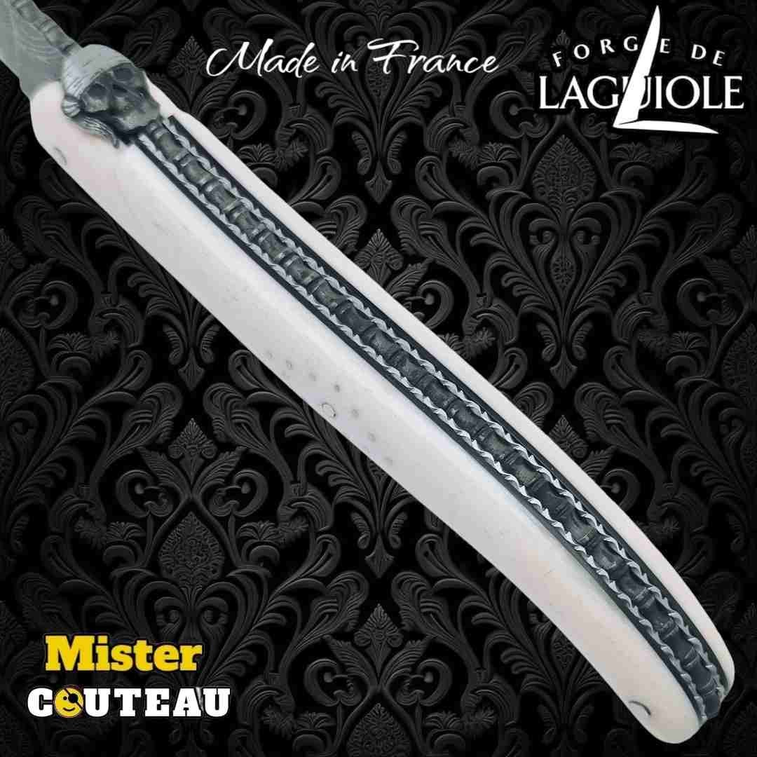 Couteau Forge Laguiole Custom tête de mort Rambaud bandana manche os