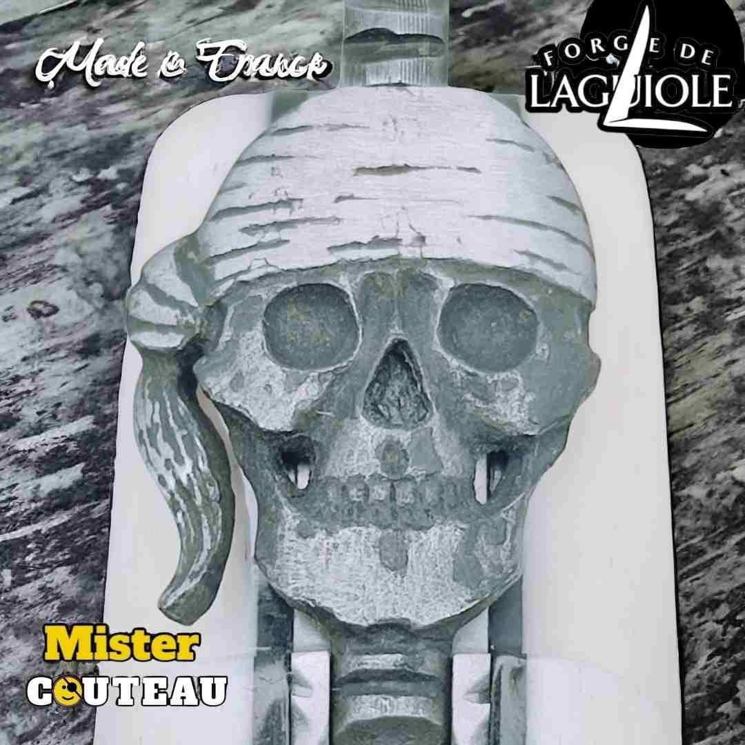 Couteau Forge Laguiole Custom tête de mort Rambaud bandana manche os