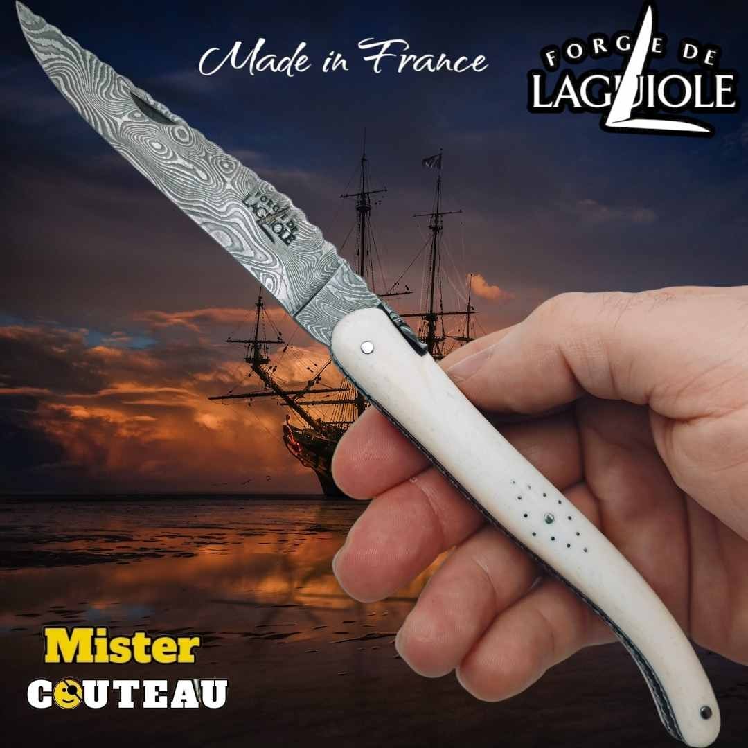Couteau Forge Laguiole Custom tête de mort Rambaud bandana manche os