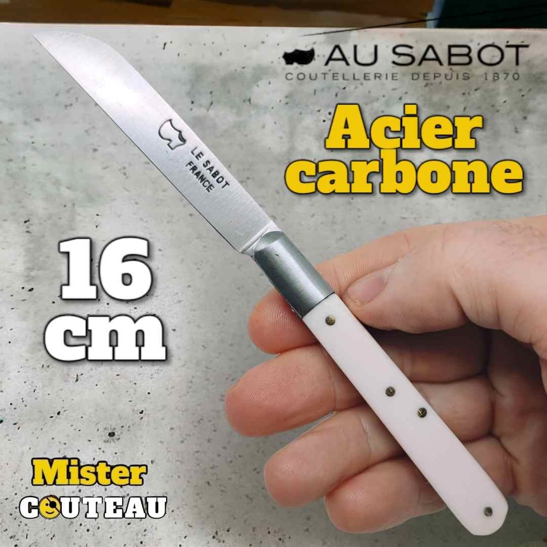 Petit couteau Au Sabot Langres acier carbone manche blanc 16cm