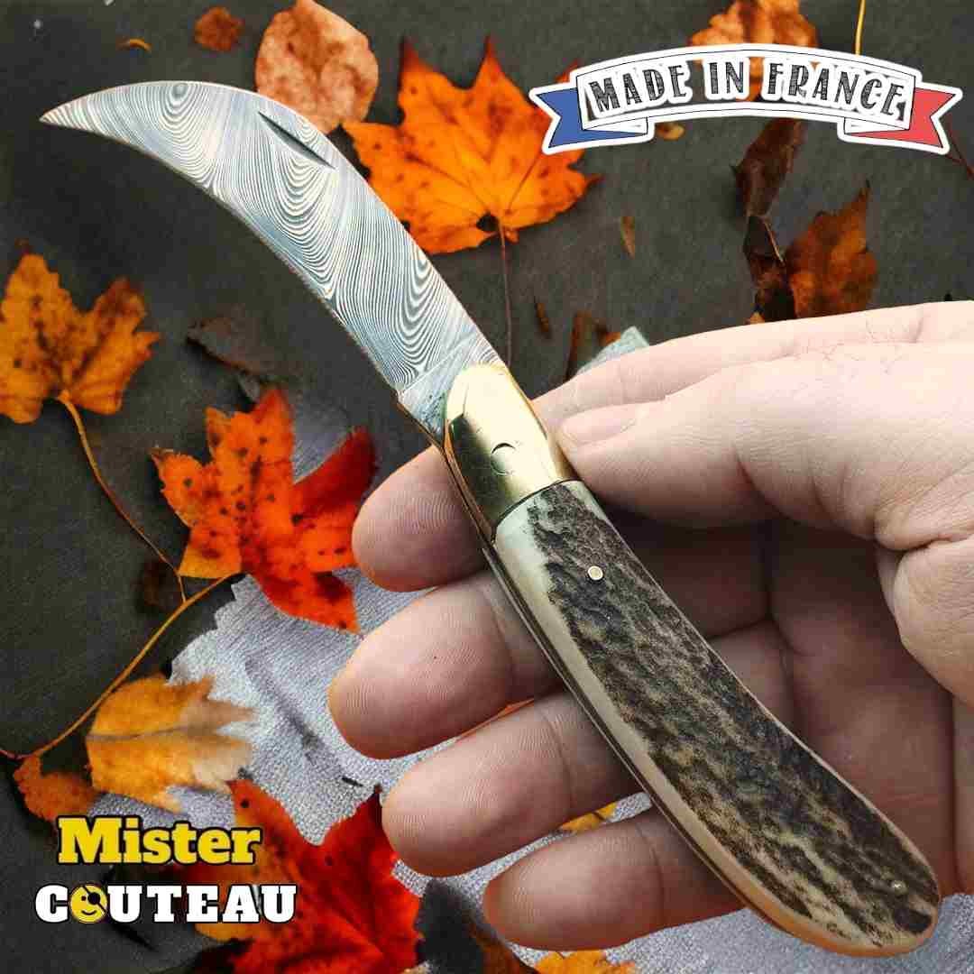 Couteau serpette Thiers superbe damas  bois de cerf