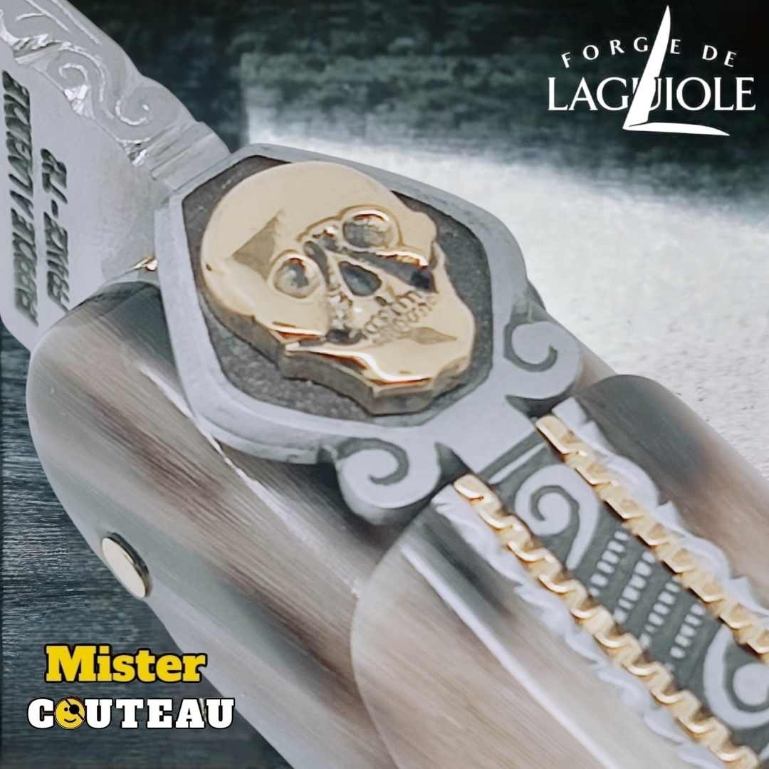 Couteau Forge Laguiole Custom tête de mort Rambaud pointe corne