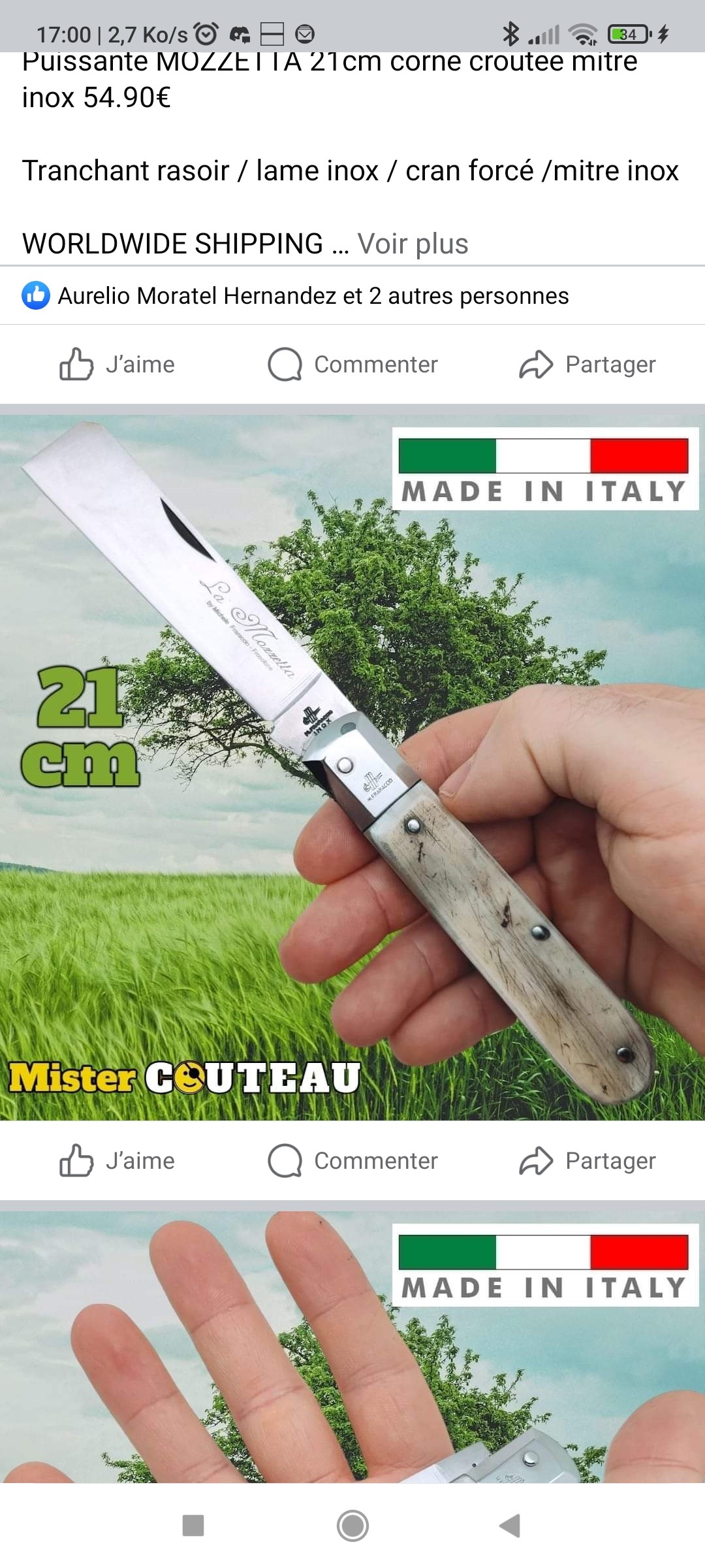 Couteau italien Fraraccio Mozzetta 21cm corne antique mitre inox