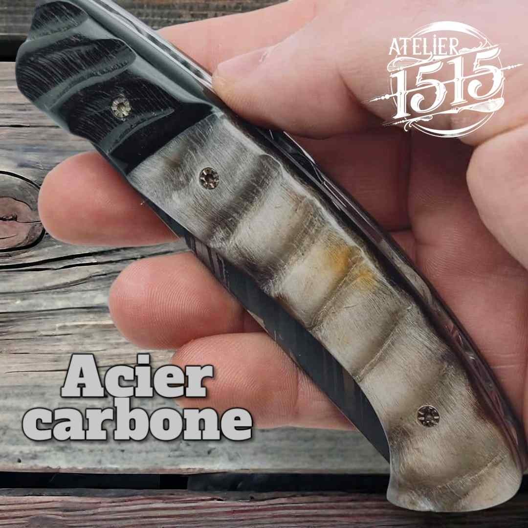 Couteau atelier 1515 manu Laplace impala mouflon lame carbone eau forte