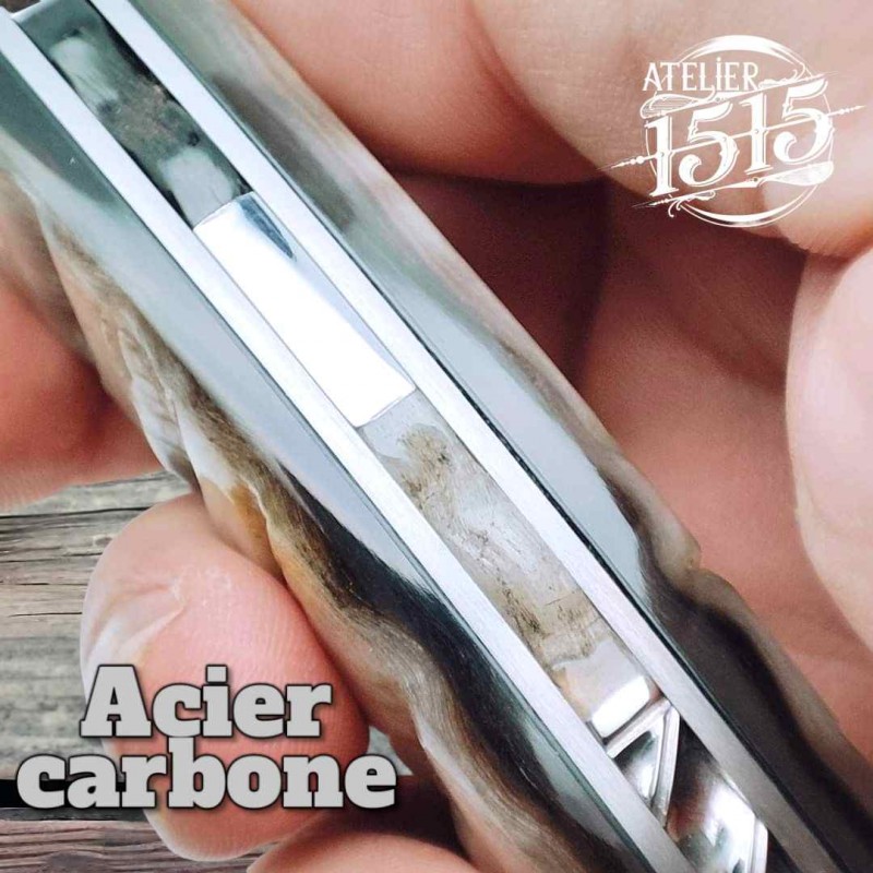 Couteau atelier 1515 manu Laplace impala mouflon lame carbone eau forte