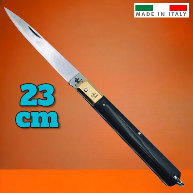 Couteau italien Fraraccio stiletto manche ABS noir mitre laiton 23 cm