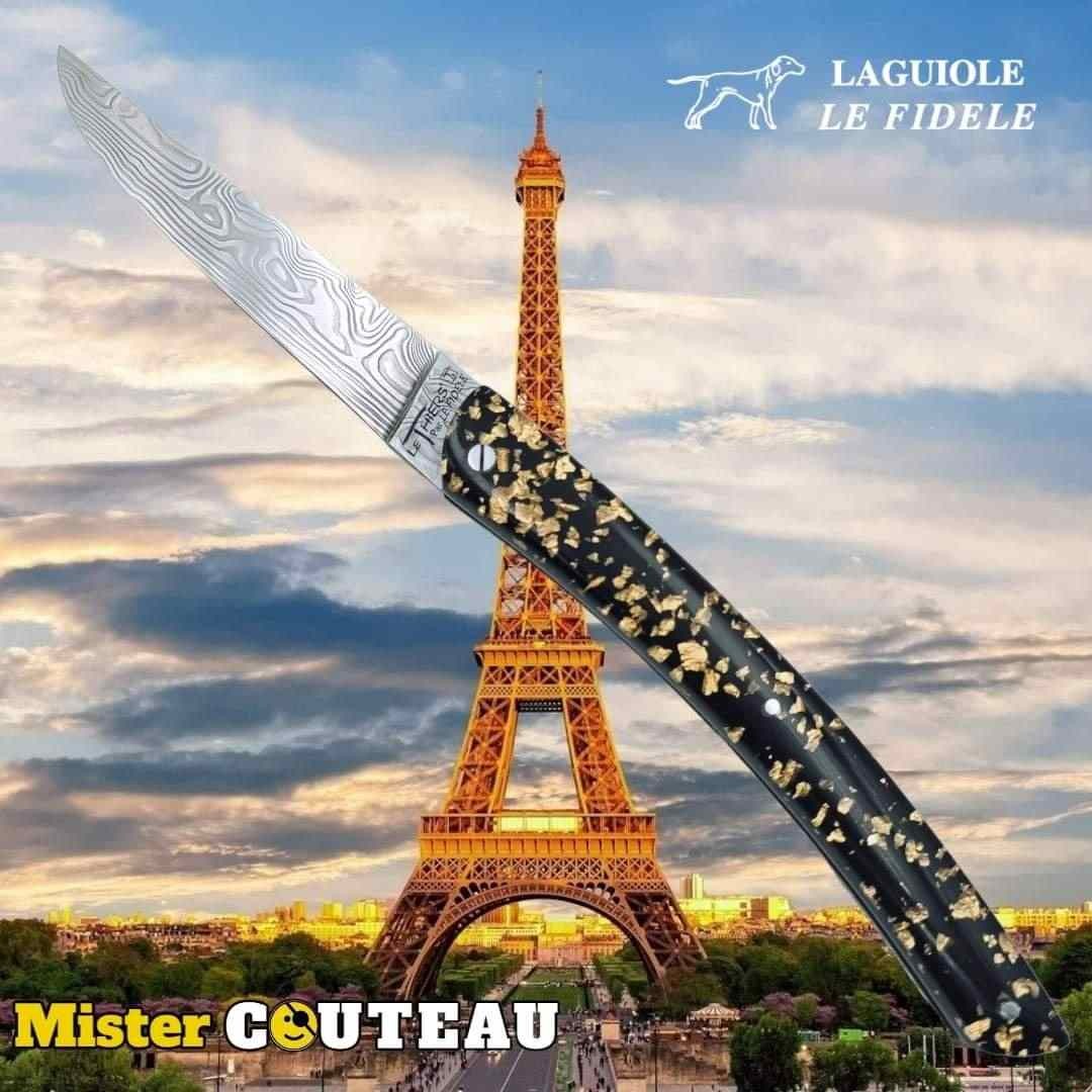 Couteau pliant Le Thiers par Le Fidèle feuille d'or ressort guilloché lame damas