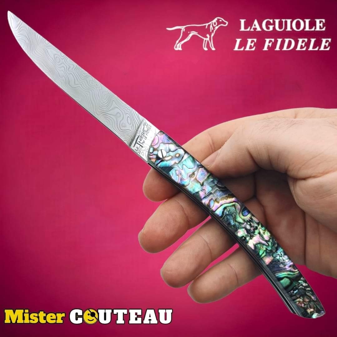 Couteau pliant Le Thiers par Le Fidèle abalone ressort guilloché lame damas