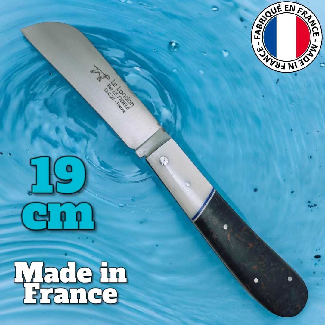 Couteau régional de pêcheur London Le Fidèle os loupe d'érable bleu  19cm