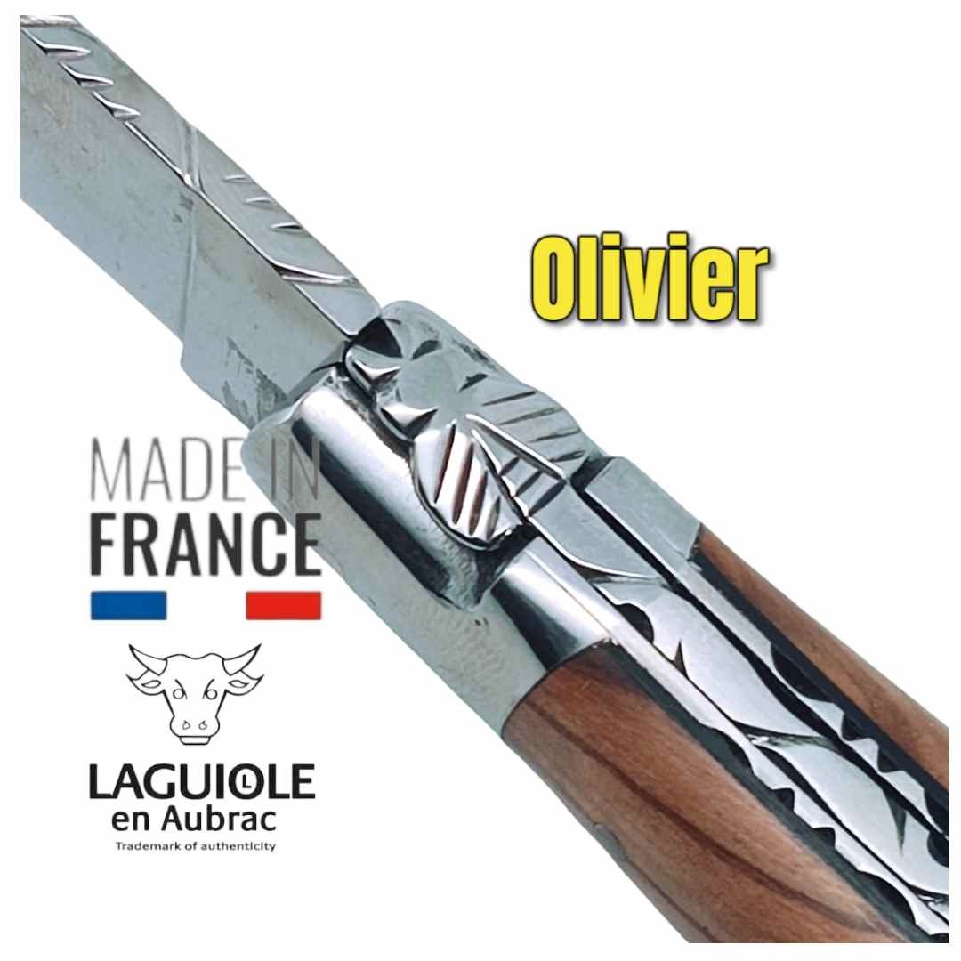 Couteau pliant Laguiole en Aubrac olivier mouche forgée platines guillochées